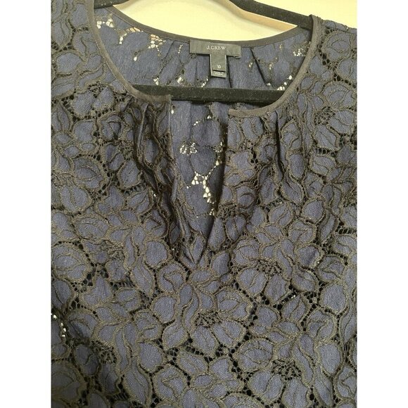 J. Crew Flower Lace Cap Sleeve Blouse Top SZ 10 Navy Key Hole Pullover Preppy - Picture 2 of 9